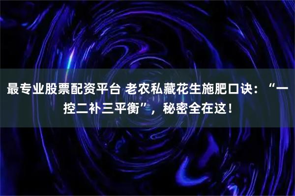 最专业股票配资平台 老农私藏花生施肥口诀：“一控二补三平衡”，秘密全在这！
